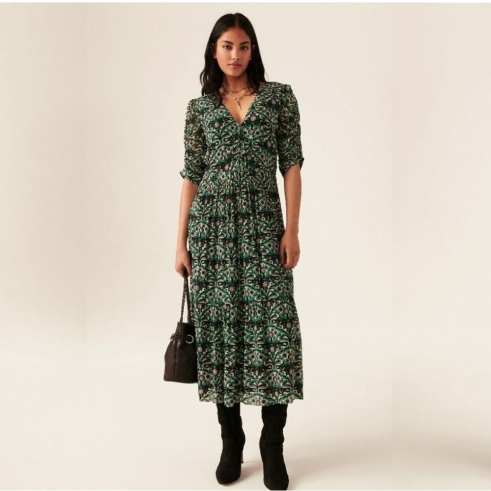 ba&sh Elegant Green and Black Patterned Midi Dress